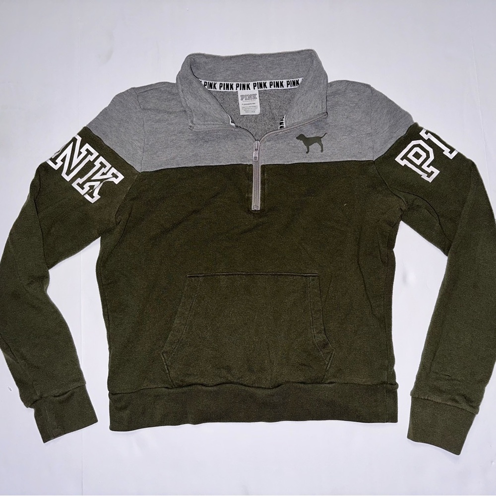 PINK Victoria's Secret Gray and Olive Quarter Zip